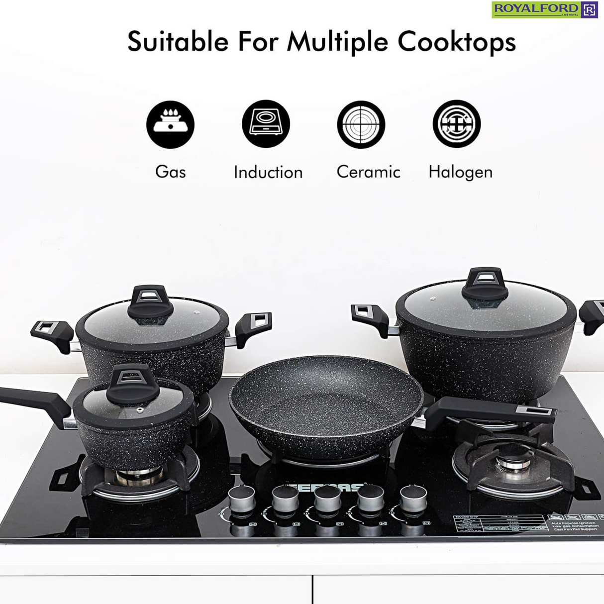 Royalford Chef Art Aluminium Cookware Set RF9557- 7 pieces, Granite Coated