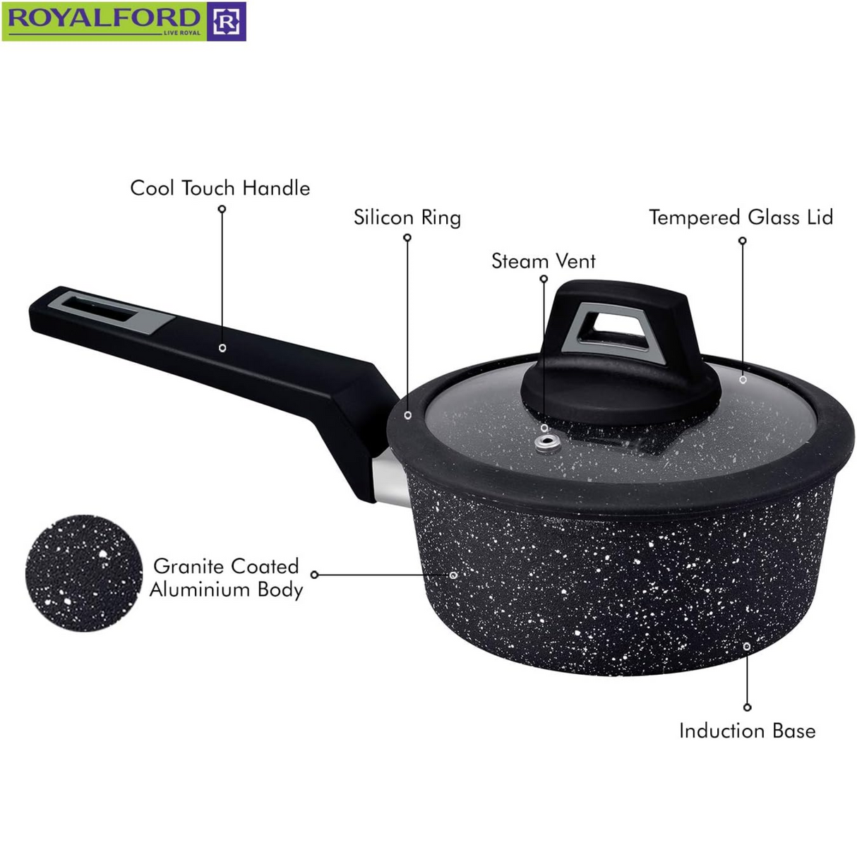 Royalford Chef Art Aluminium Cookware Set RF9557- 7 pieces, Granite Coated